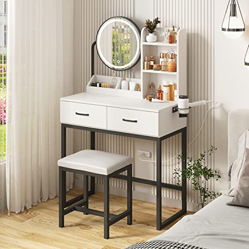 Makeup Vanity Desk with Round Mirror and Lights, White, with Storage D5614