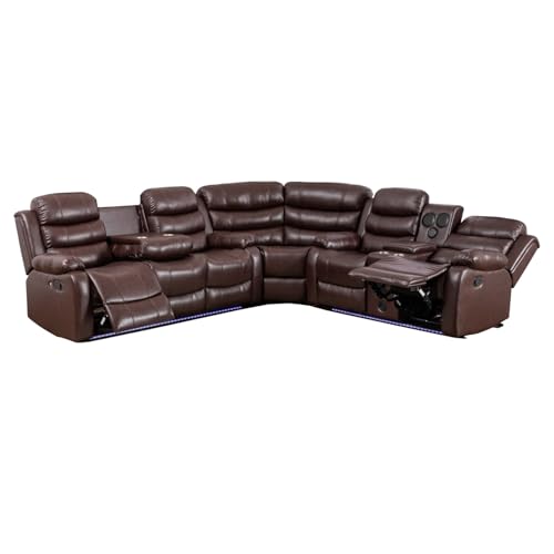Manual Reclining Sectional Couch with LED Light, PU Leather L-Shaped Sofa, 9 Seater G569811
