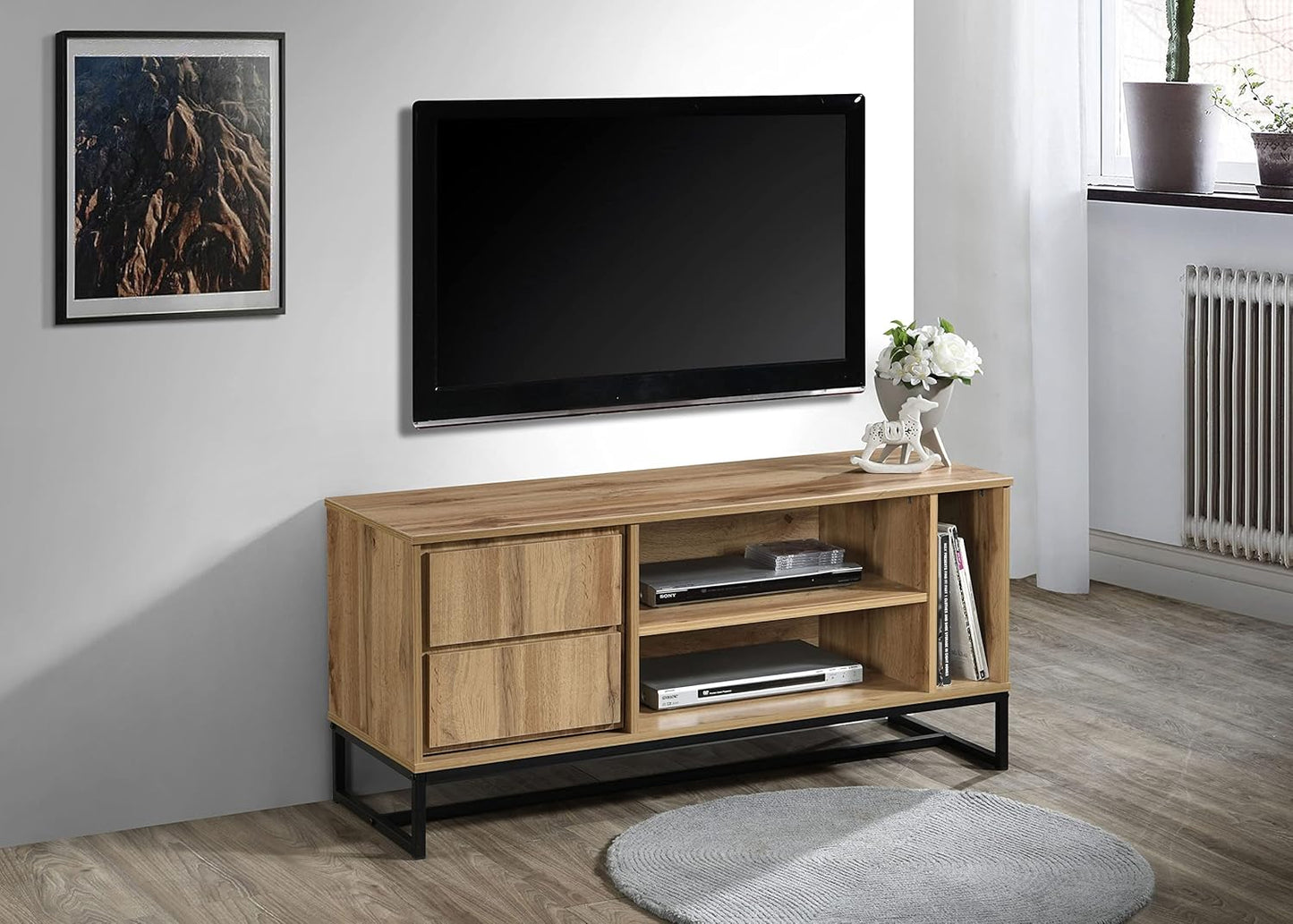 Oak 47" L TV Stand with Shelves and Cabinet J567