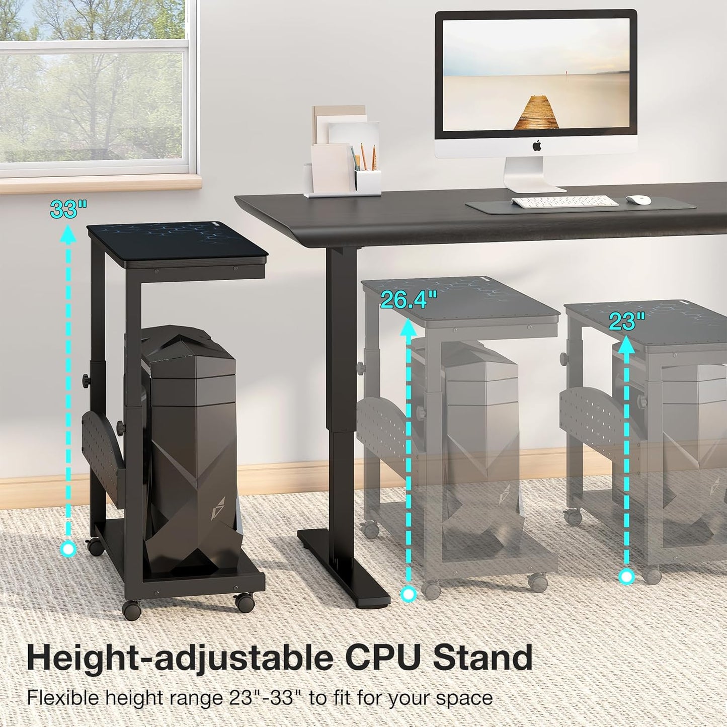 Height Adjustable 2-Tier PC Tower Stand with Rolling Wheels K430074