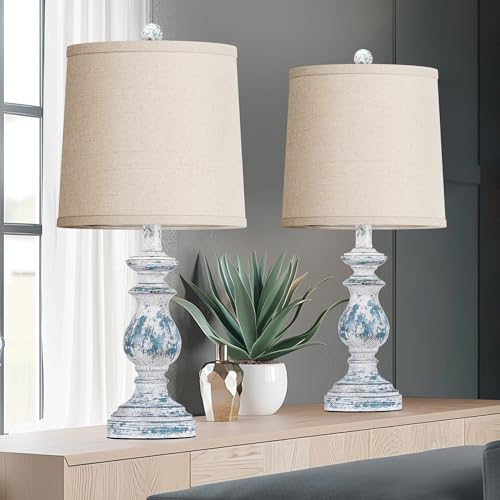 PARTPHONER Traditional Table Lamp Set of 2, Rustic Farmhouse, 22" with Linen Shades, Green Y93862