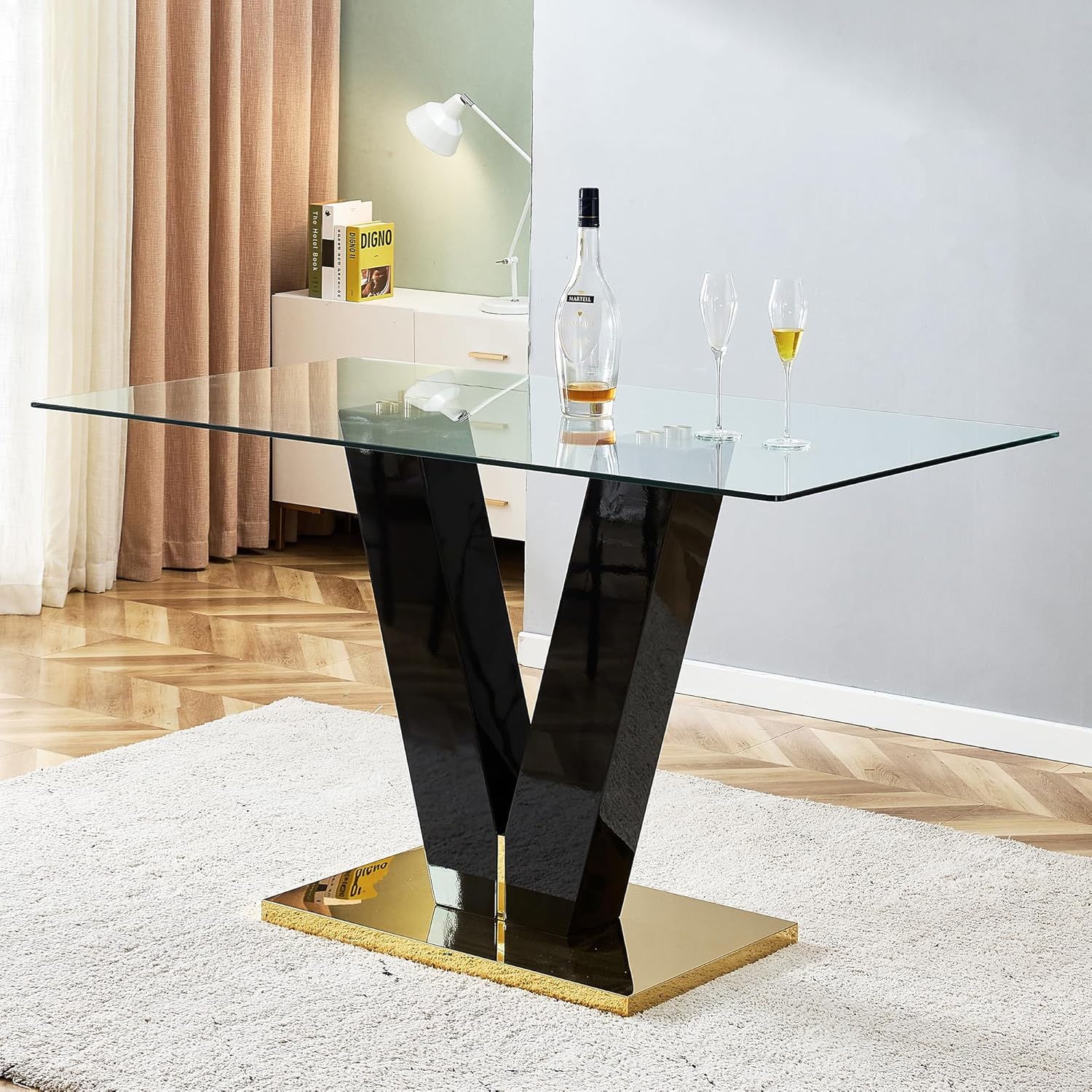 Large Modern Minimalist Rectangular Glass Dining Table for 6-8 - 0.4" Tempered Glass Top, MDF V-Shaped Bracket - Assembly Tools Included - Kitchen Dining Living Meeting Room - 71'' x 39'' x 30