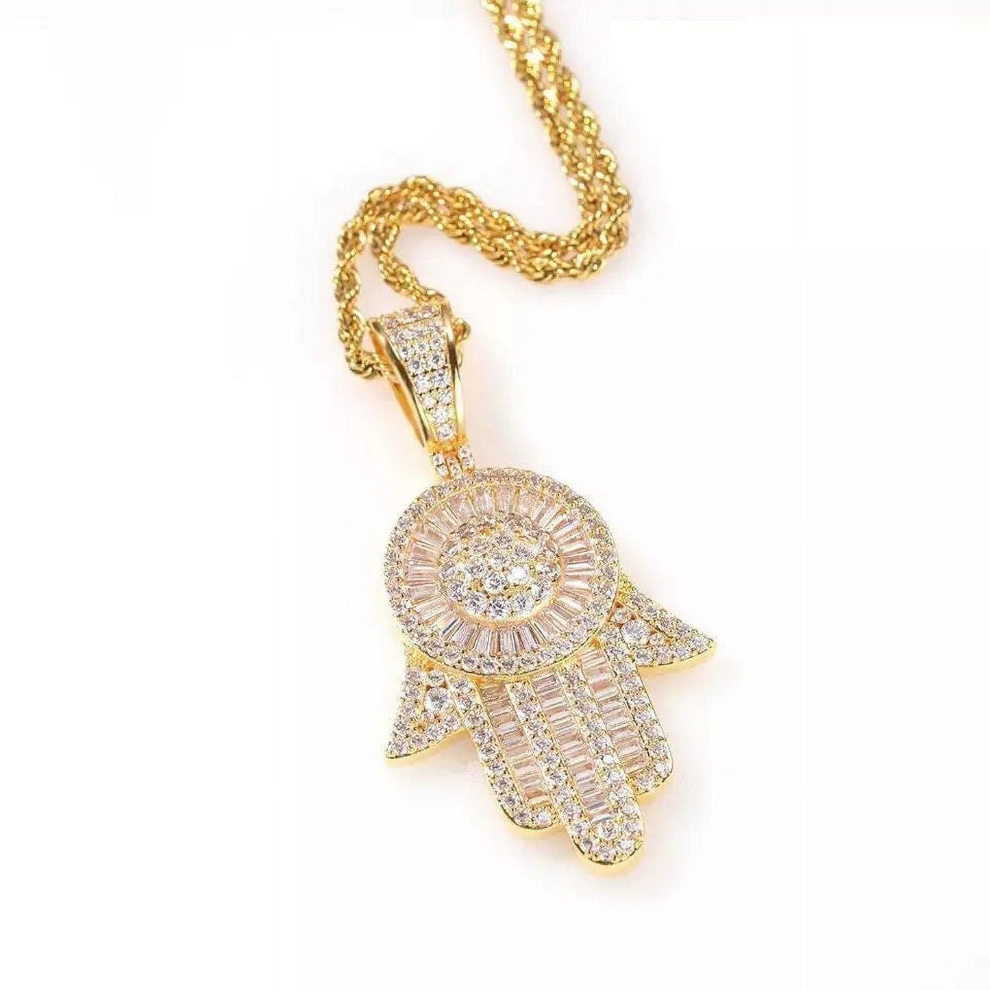 14K Gold Over Finish Simulated Diamond Iced Out Hip Hop Baguette Hamsa Hand of Fatima Evil Eye Protection Charm Pendant Necklace, Gift