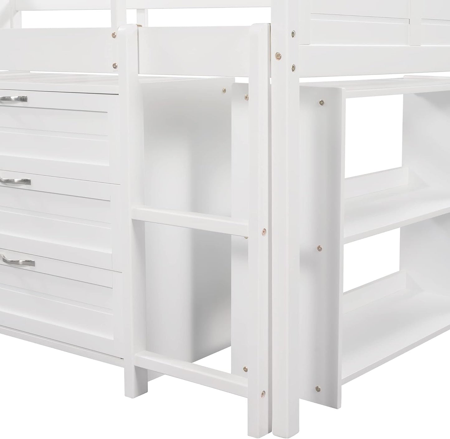 Twin Low Loft Bed with Slide, Storage Cabinets, Shelves, White B5467