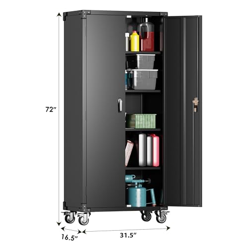 Metal Storage Cabinet with Wheels, 71" Tall, 5-Tier Locking Rolling Cabinet I470