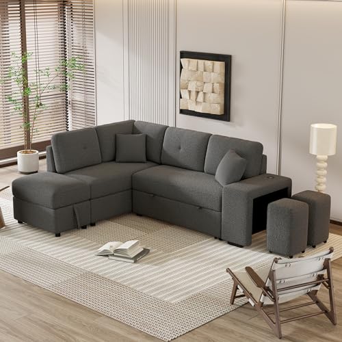 DEINPPA Sleeper Sofa with Storage Ottoman and 2 Stools, Chenille Fabric, Cream H631676