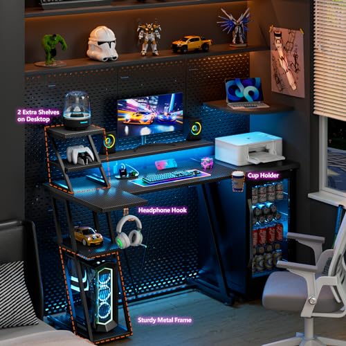 L Shaped Gaming Desk with LED Lights & Power Outlet, 47 Inch, Carbon Fiber Black E79671