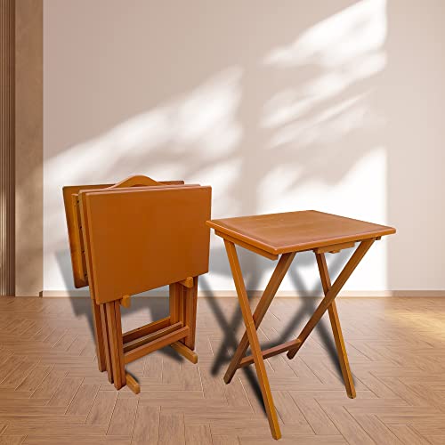 Folding TV Tray Table Set of 4 Solid Wood Chestnut I509083