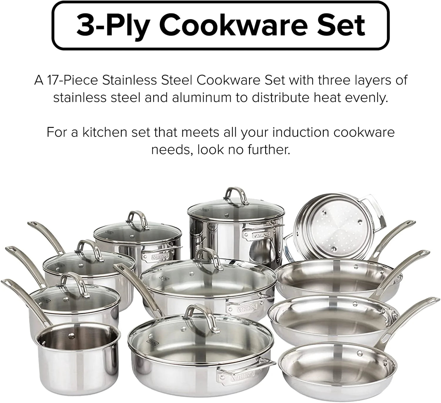 Viking 3-Ply 17pc Stainless Steel Cookware Set with Glass Lids N19288