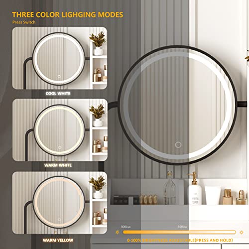 Makeup Vanity Desk with Round Mirror and Lights, White, with Storage D5614