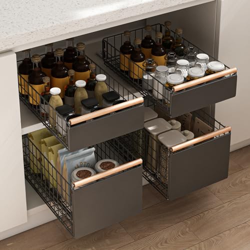 Pull Out Cabinet Organizer with Wooden Handle, No Drill Needed E218