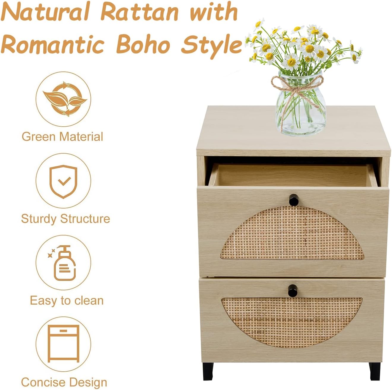 Modern Natural Nightstand with 2 Drawers Rattan Side Table Q405