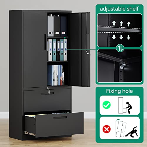 Letaya Metal Storage Cabinet with Lock, 2 Drawers, Adjustable Shelves, Black N4147