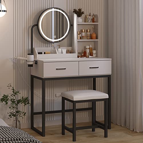 Makeup Vanity Desk with Round Mirror and Lights, White, with Storage D5614