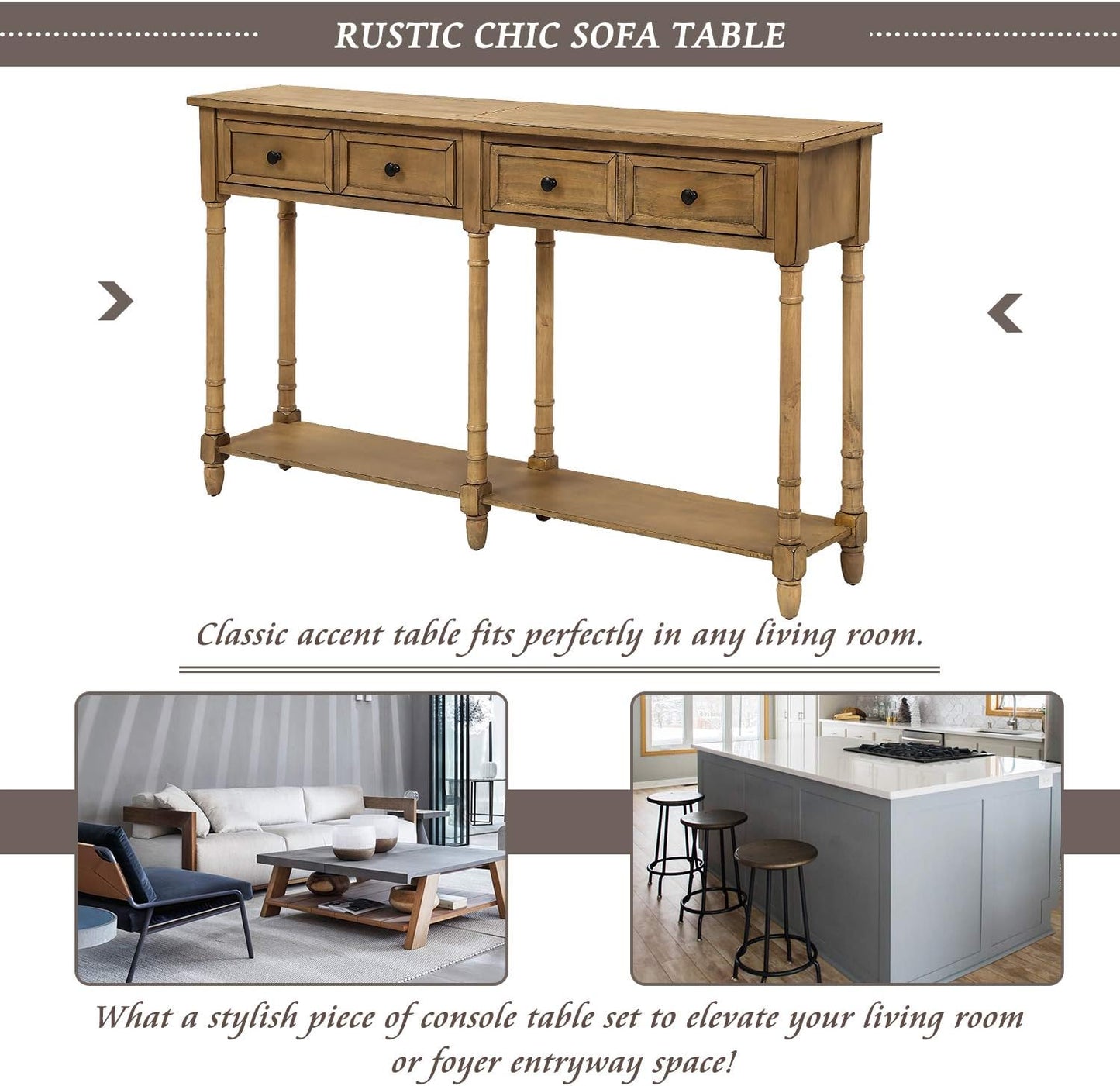 Farmhouse Console Sofa Table with Two Storage Drawers, Solid Wood, Old Pine, 58 Inch A5015