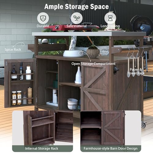 Outdoor Kitchen Island Rolling Bar Cart with Storage Cabinet, Solid Wood & Stainless Steel Top X328