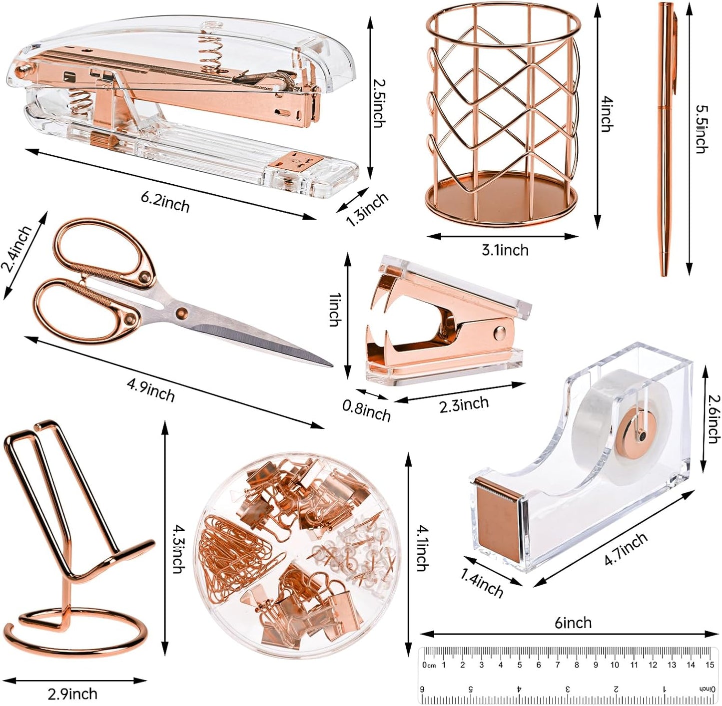 EOOUT Rose Gold Office Supplies Desk Combo Set with Acrylic Stapler and Mesh Organizer S946
