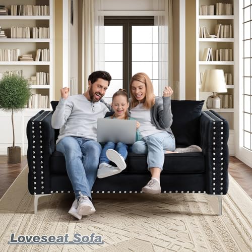 Antetek Velvet Sofa Set, Modern Upholstered Loveseat and 3 Seater Cloud Sofa with Crystal Buttons, Blue (2 Pieces) N125403