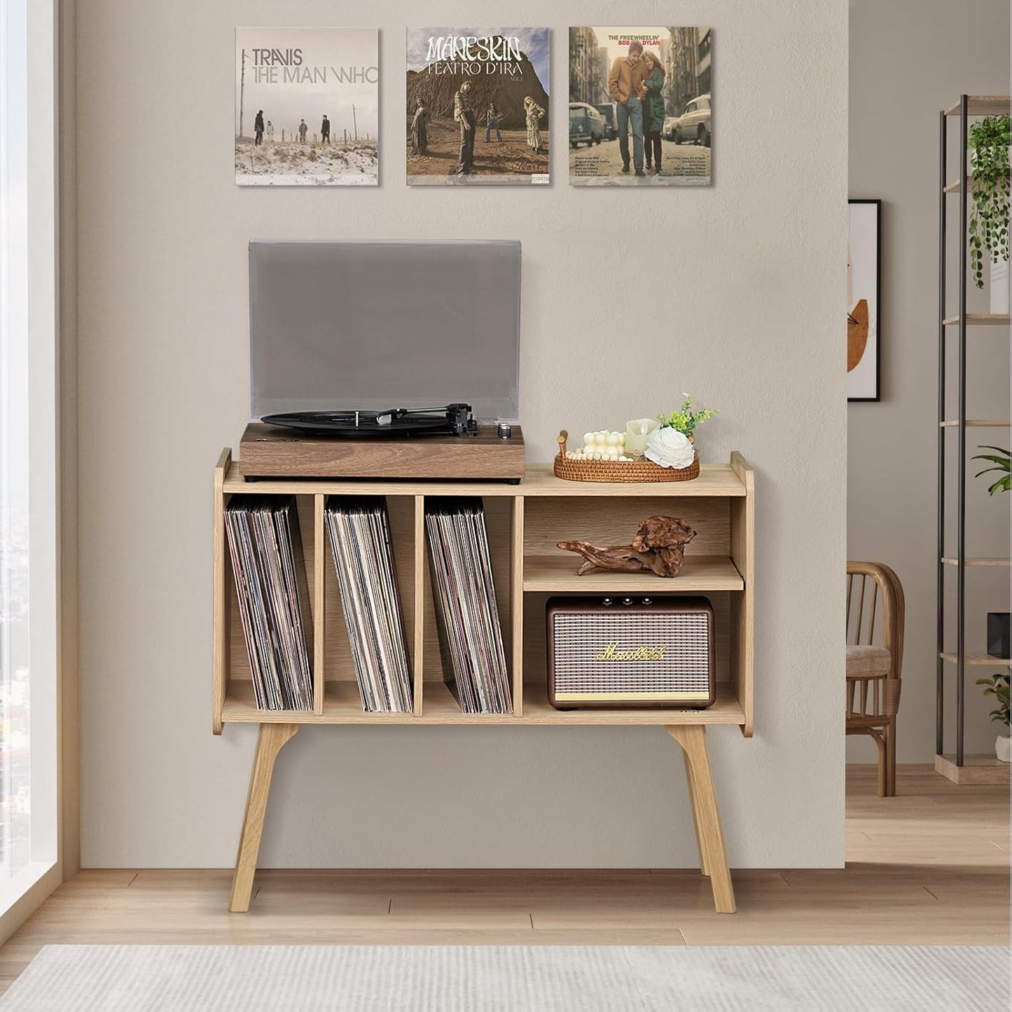 Lerliuo Record Player Stand with 4 Cabinet, Mid-Century Turntable Table K3086