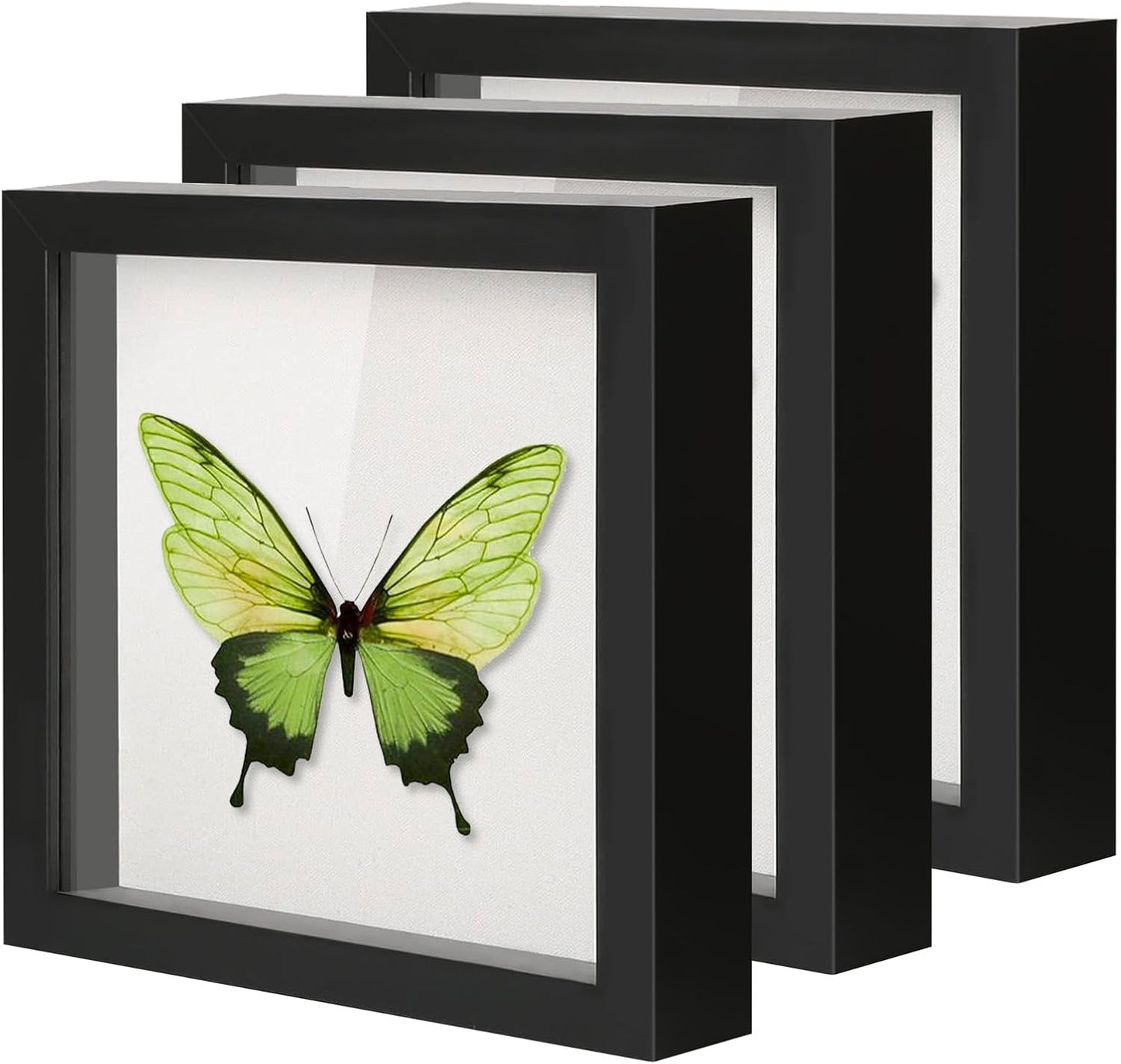8"x8" Shadow Boxes Display Cases with Soft Linen Back Deep Wood Glass 3D Shadow Box Set for Wall and Tabletop, 3 Pack Black