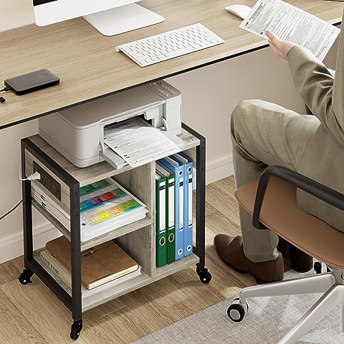 IDEALHOUSE Under Desk Printer Stand with Power Outlets, USB Ports, Storage Shelf, Wheels, Rustic Gray P958454