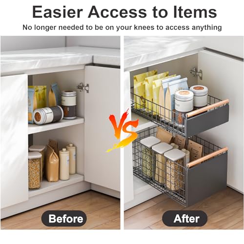 Pull Out Cabinet Organizer with Wooden Handle, No Drill Needed E218