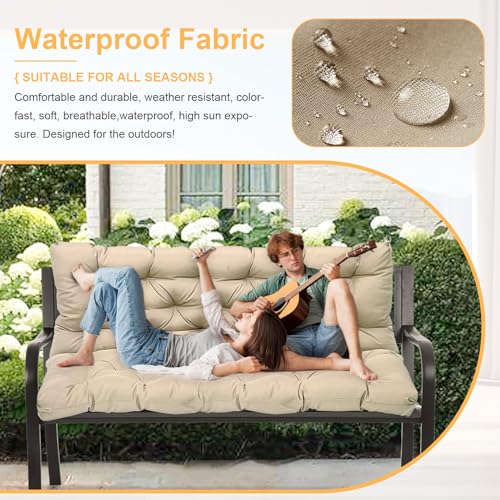 Porch Swing Cushion with Backrest, Waterproof Outdoor Bench Cushion, 2-3 Seater with Ties, Light Coffee Y6949
