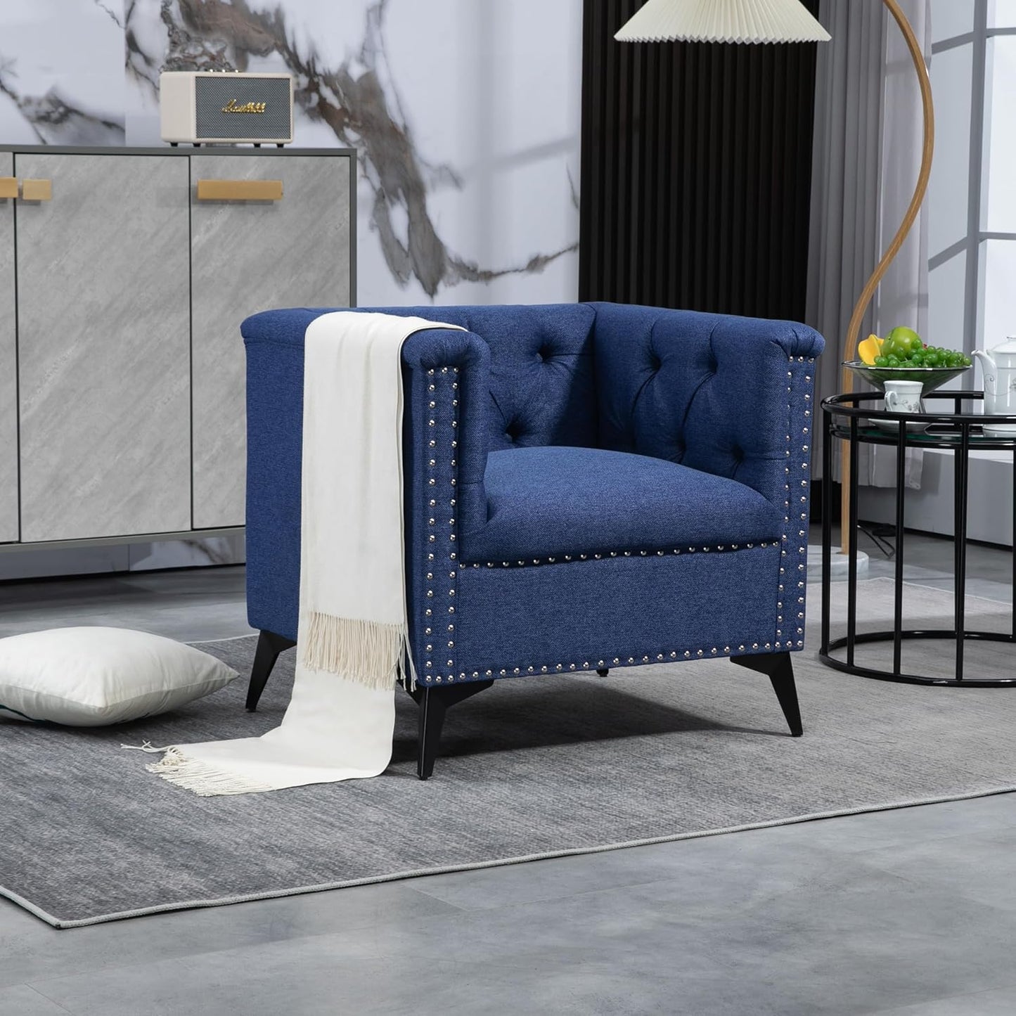 Accent Chair Living Room Chairs Single Sofa Chair,Arm Chairs with Linen Fabric, Mid Century Accent Arm Chairs Comfy Reading Lounge Club Armchair for Bedroom Office Study (Blue)