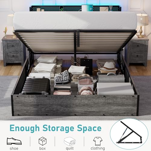 Full Size Lift Up Storage Bed Frame with LED Lights and Charging Station, Black D6950
