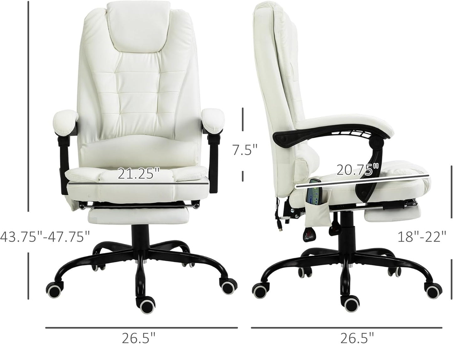 Reclining Office Chair with Massage, Ergonomic PU Leather Executive Chair with Foot Rest, White T4590