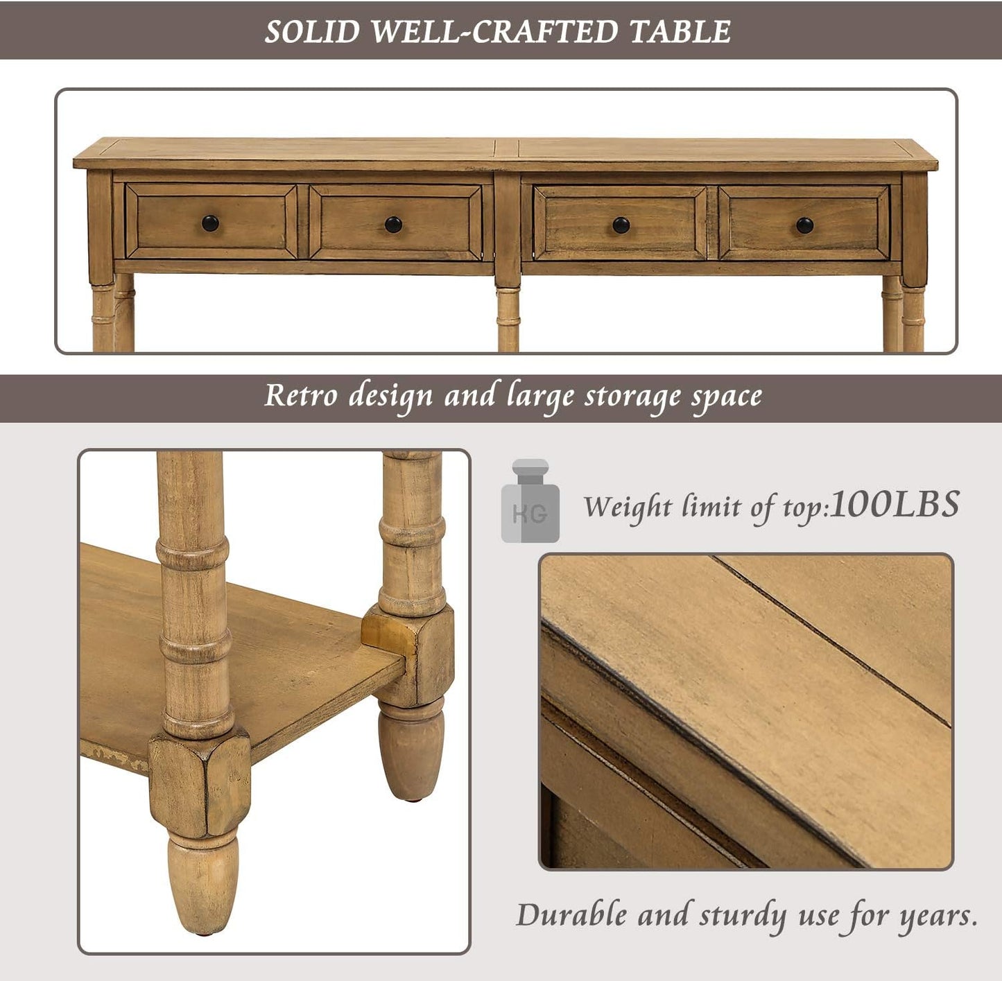 Farmhouse Console Sofa Table with Two Storage Drawers, Solid Wood, Old Pine, 58 Inch A5015