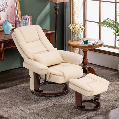 MCombo Recliner with Ottoman, Vibration Massage, Faux Leather Cream White T68744