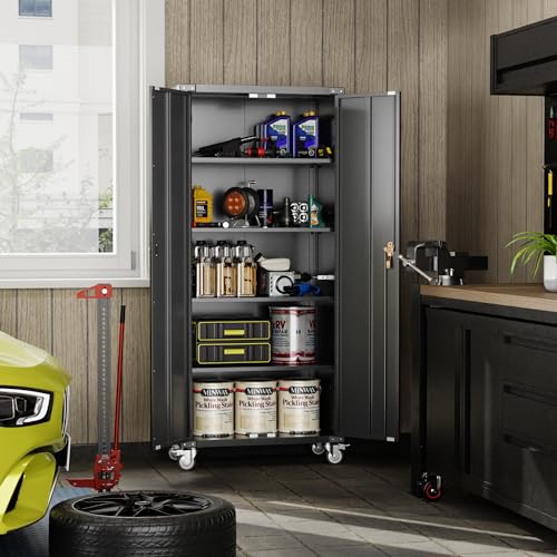 Metal Storage Cabinet with Wheels, 71" Tall, 5-Tier Locking Rolling Cabinet I470