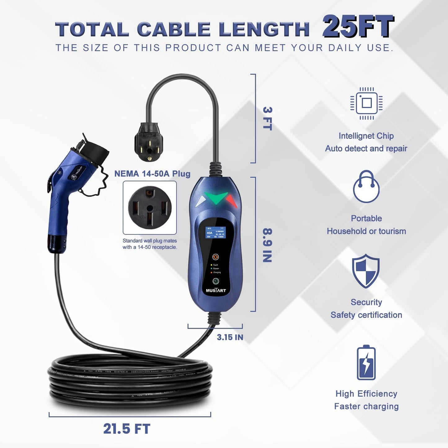 MUSTART Level 2 Portable EV Charger 240V 25ft Cable NEMA 14-50P Z938941