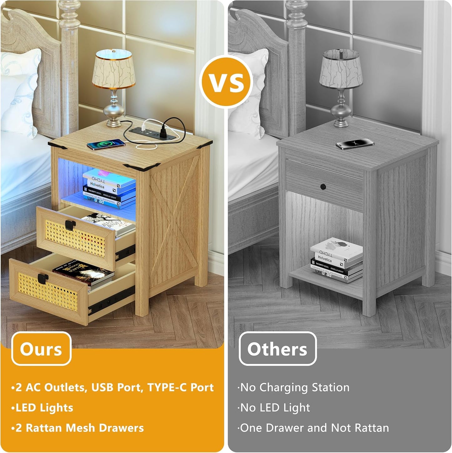 Modern Nightstand Set of 2 with Charging Station and LED Light, Natural Wood R867733