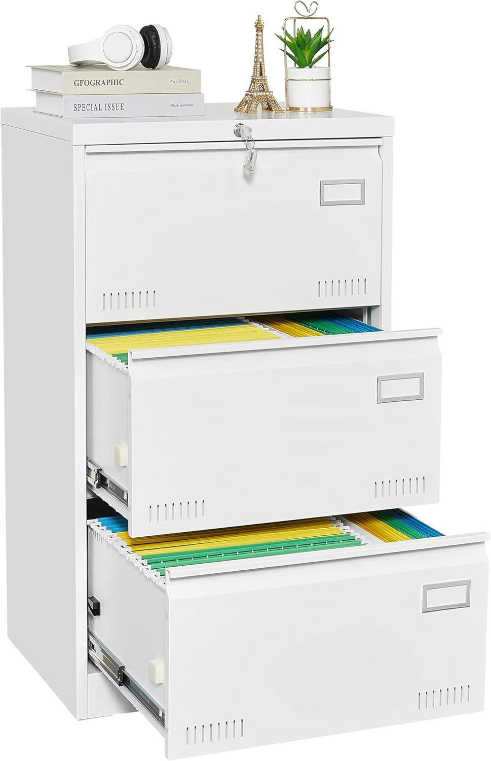 Locking 3-Drawer Metal Lateral File Cabinet, White Y445167