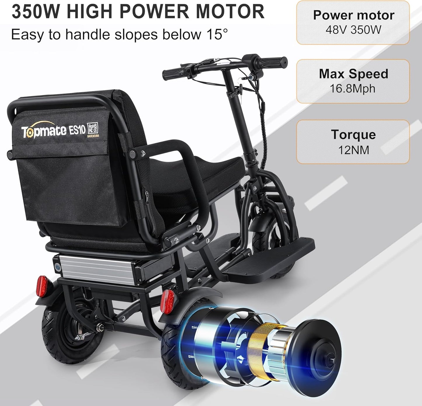 TopMate ES10 3 Wheel Electric Scooter Lightweight Folding Mobility Scooter for Adults with Removable Battery P208724