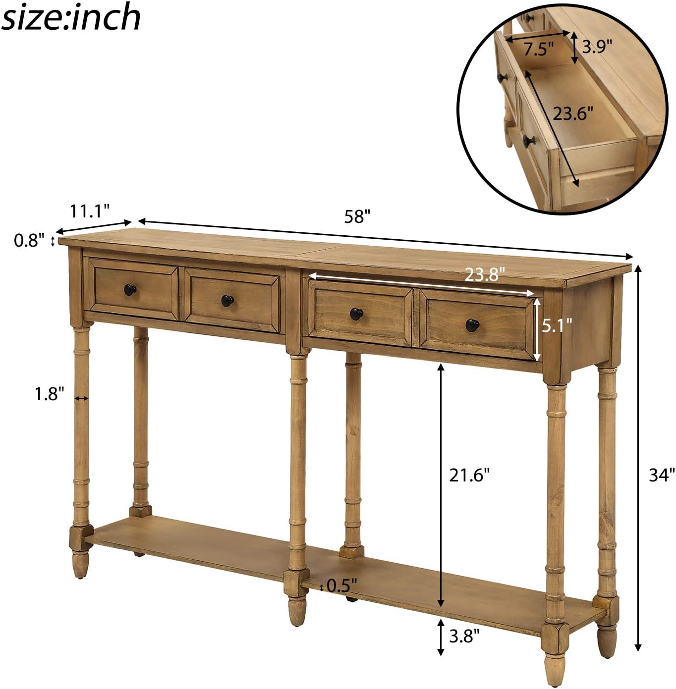 Farmhouse Console Sofa Table with Two Storage Drawers, Solid Wood, Old Pine, 58 Inch A5015