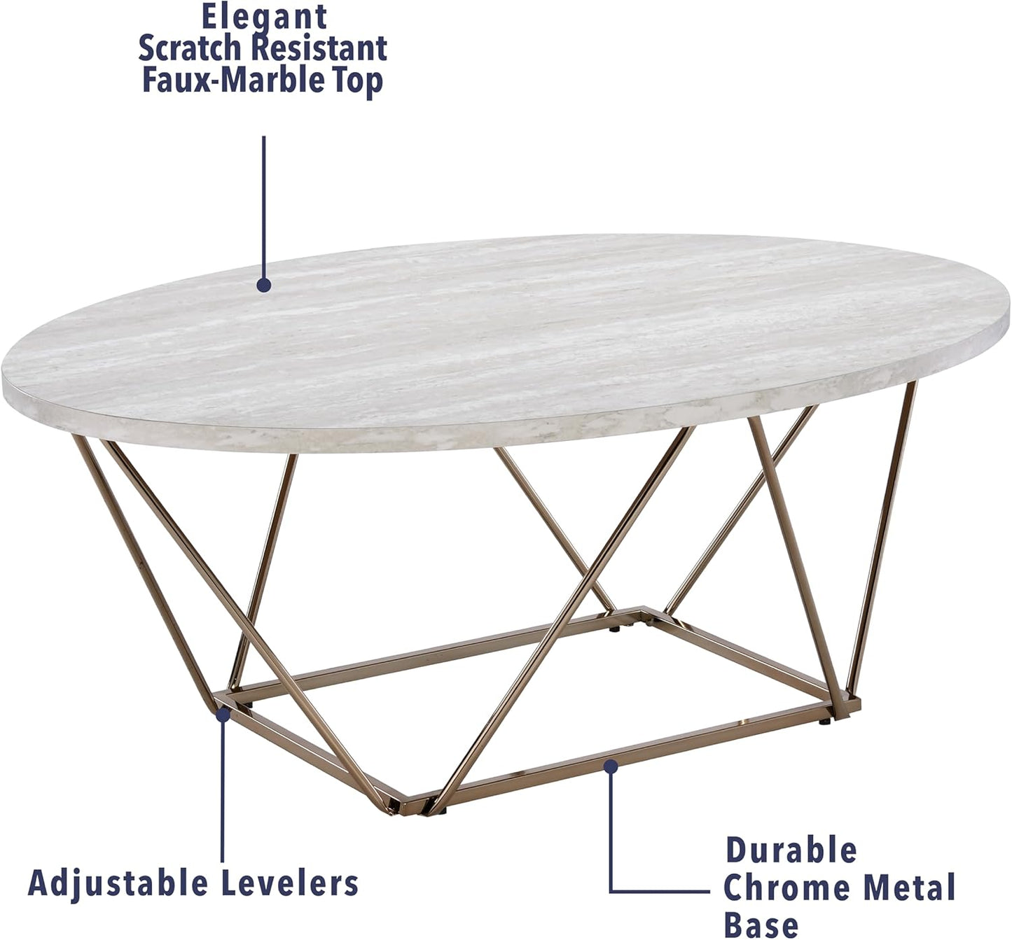 Modern Oval Coffee Table Faux Marble Top with Gold Metal Legs G491
