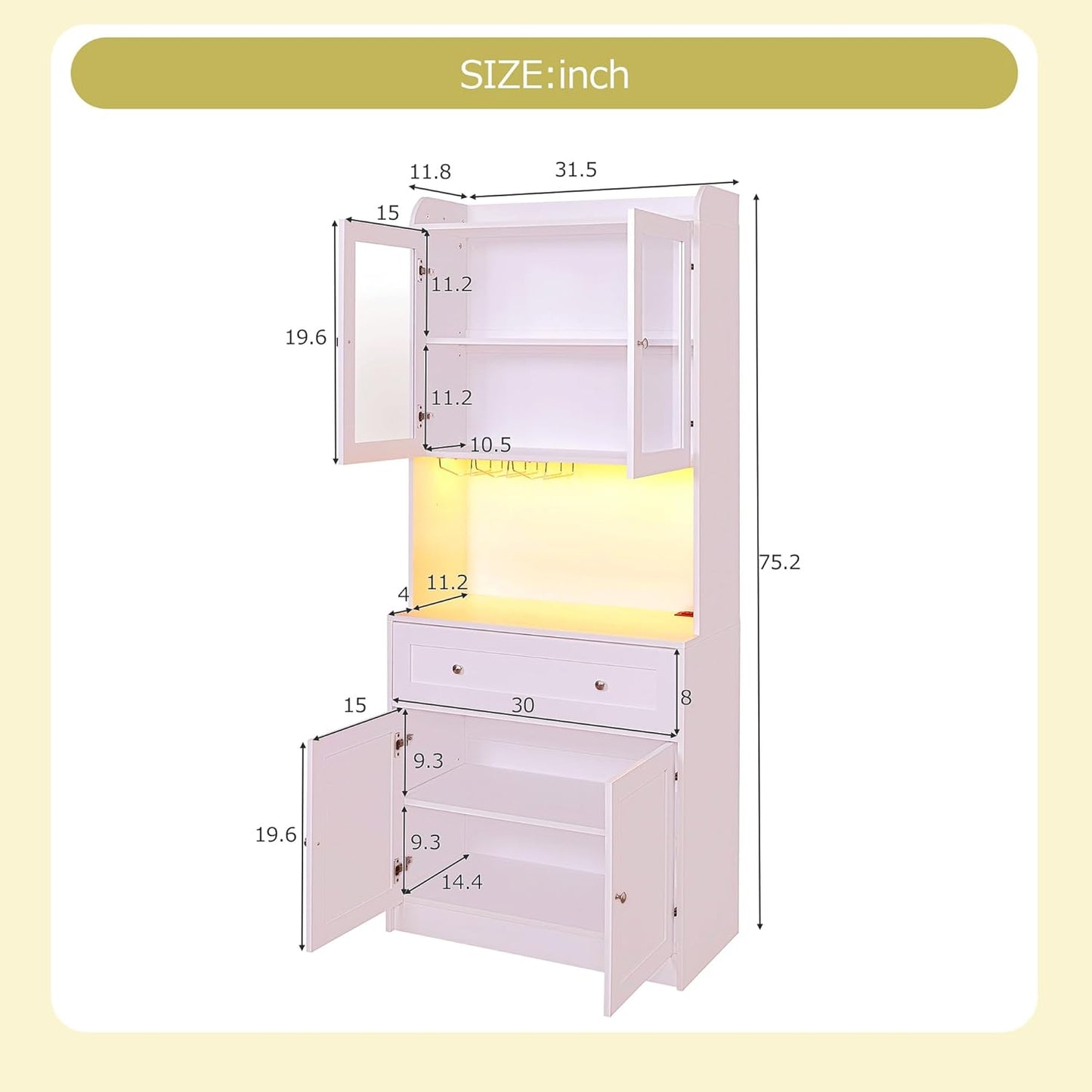 75.2" Pantry Cabinet with LED Lights and Charging Station, Wood Buffet Sideboard E42644