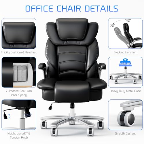 Big and Tall Office Chair 400lb Wide Seat High Back Leather Executive with Flip-up Arms P130