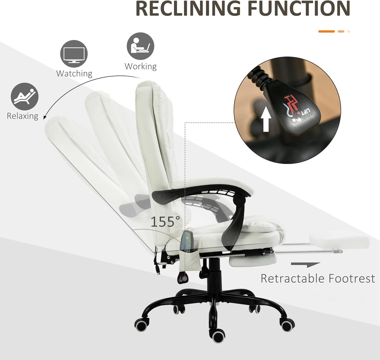 Reclining Office Chair with Massage, Ergonomic PU Leather Executive Chair with Foot Rest, White T4590