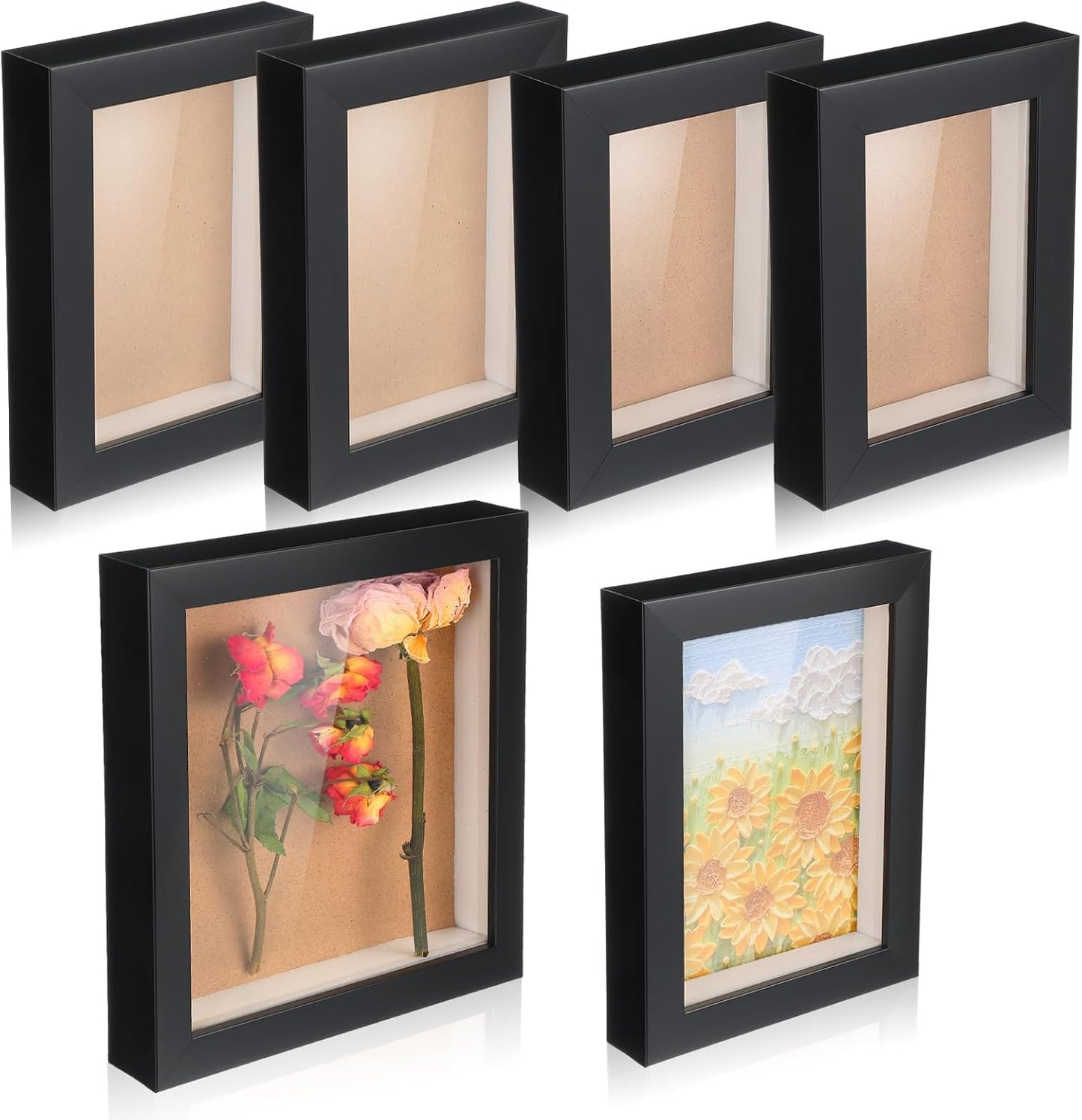 6 Pcs Shadow Box Frame 4 Size 3.5x5 4x6 5x7 8x8 Inch Black Wood Small Shadow Box Shadow Boxes Display Cases Flower Frame Deep Picture Frames for Medals, Tickets, Photo, Keepsake