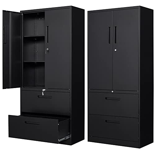 Letaya Metal Storage Cabinets for Home Office,File Cabinet with Adjust Shelves and Lock,2 Drawers Filing Cabinets-Hang Legal/Letter/A4/F4 Size Filing-Black