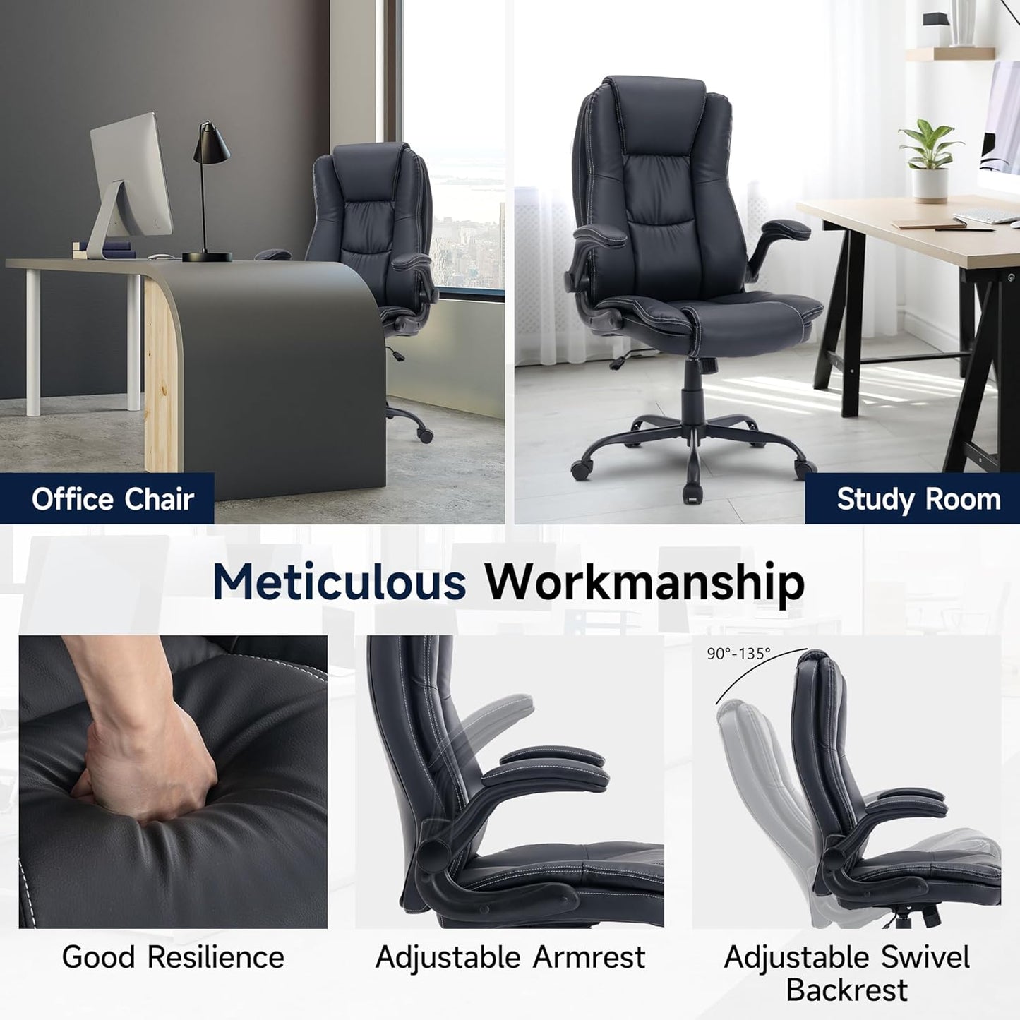 Big and Tall Office Chair with Flip-up Armrest, PU Leather, Black J193736