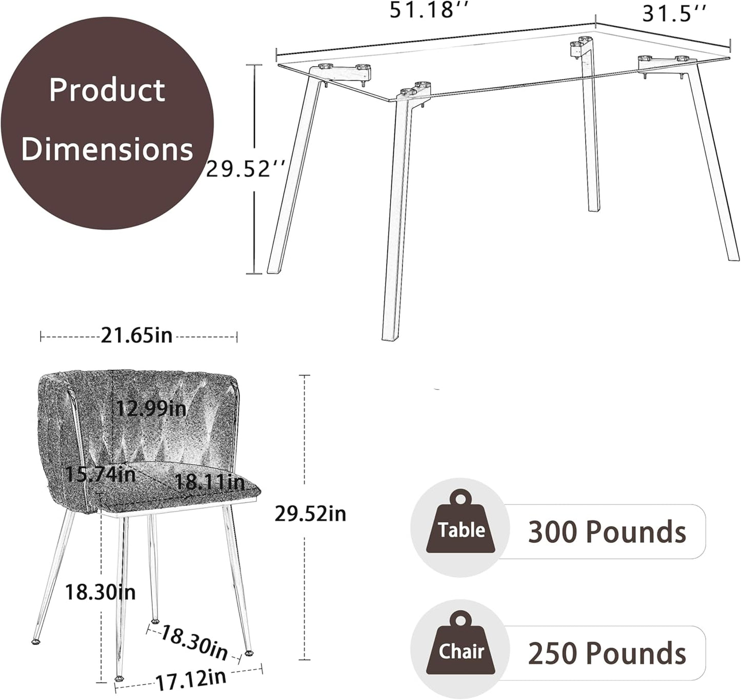 Gold Glass Dining Table Set for 6, 51'' Modern Rectangle D9010