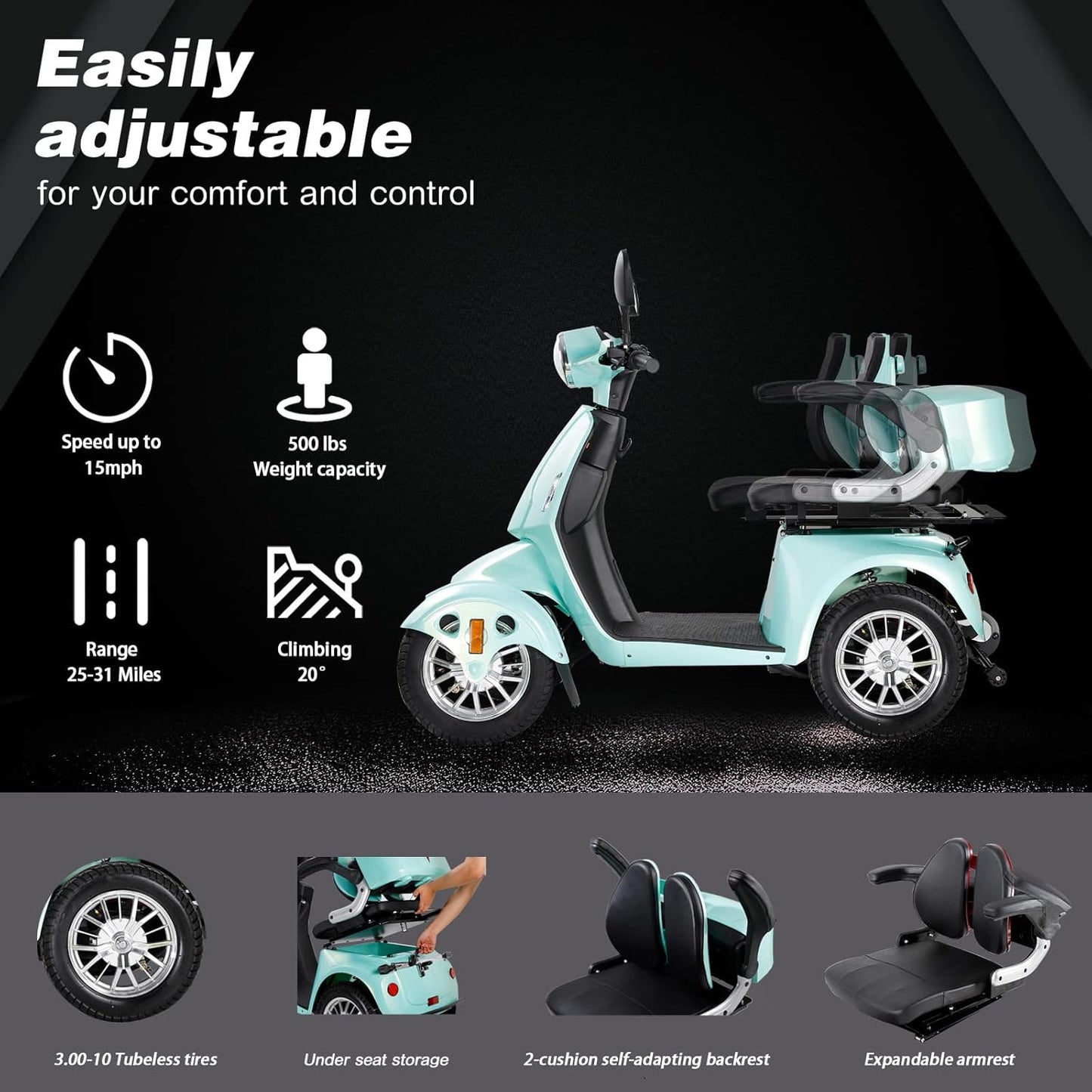 CCKO Electric Mobility Scooter for Seniors, 4-Wheel, 800W, 500lbs, 30 Miles Range I7402