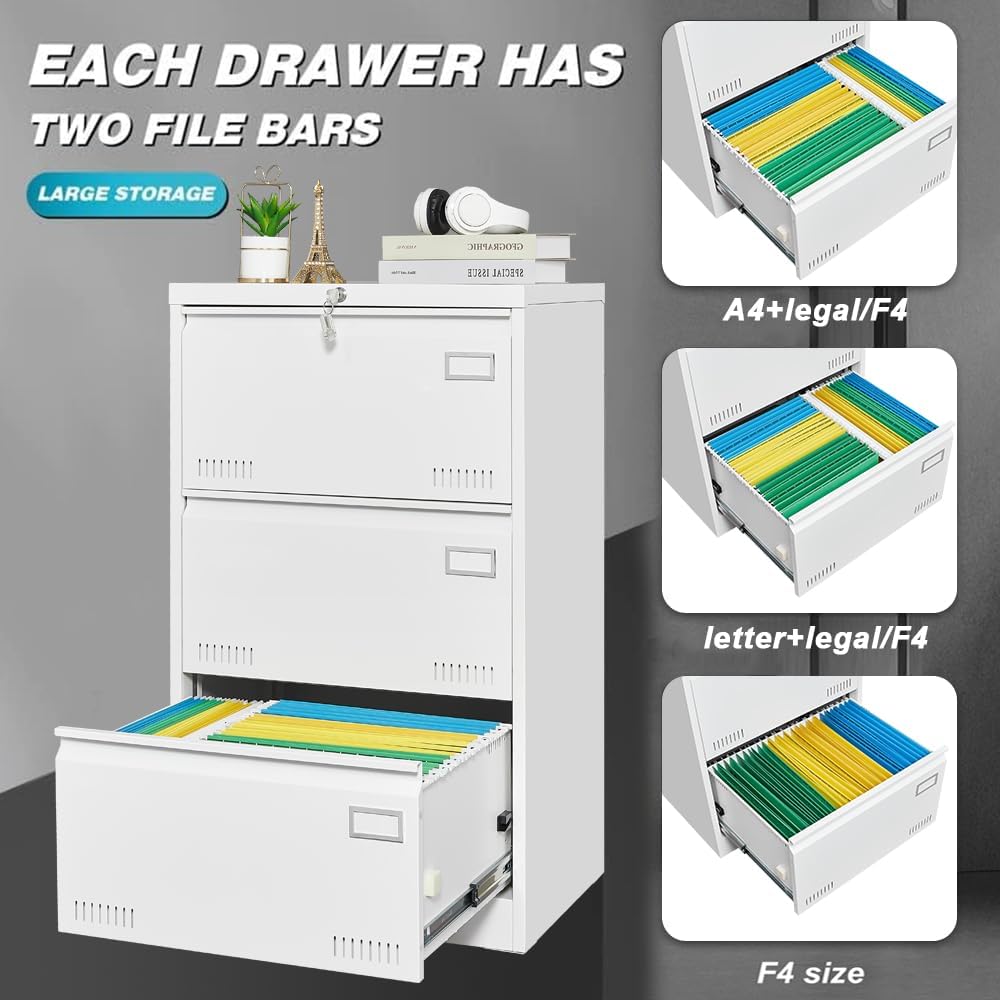 Locking 3-Drawer Metal Lateral File Cabinet, White Y445167