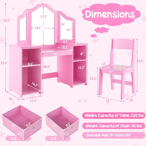 Costzon Kids Vanity 2-in-1 Princess Makeup Desk with Tri-fold Mirror, White Z72187