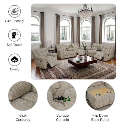 Corduroy Manual Reclining Sofa Set 3 Pieces, Khaki M572